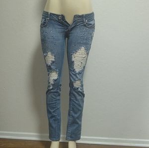 Machine Jeans Blue & White Distressed Stud Details Junior/Women USA 28 Italy 42